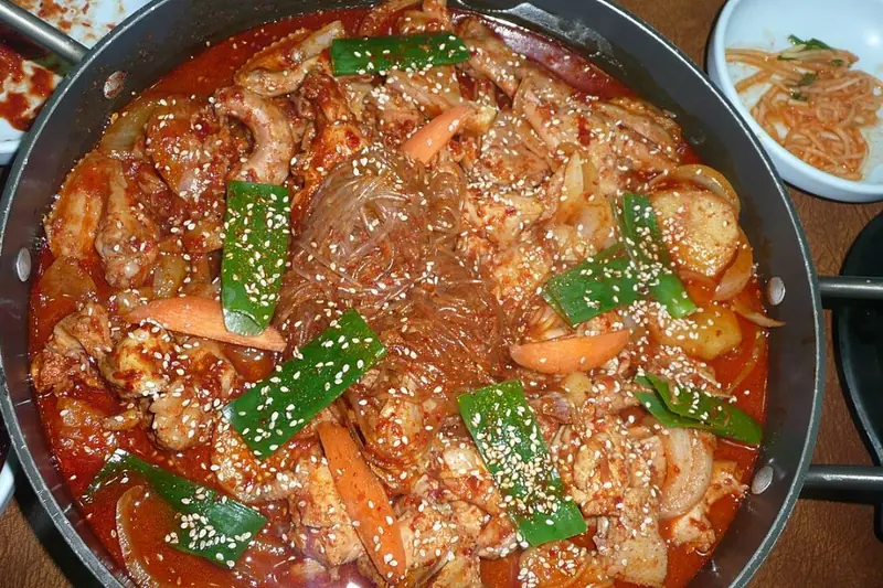 Dakdoritang spicy braised chicken stew with potatoes in a pot